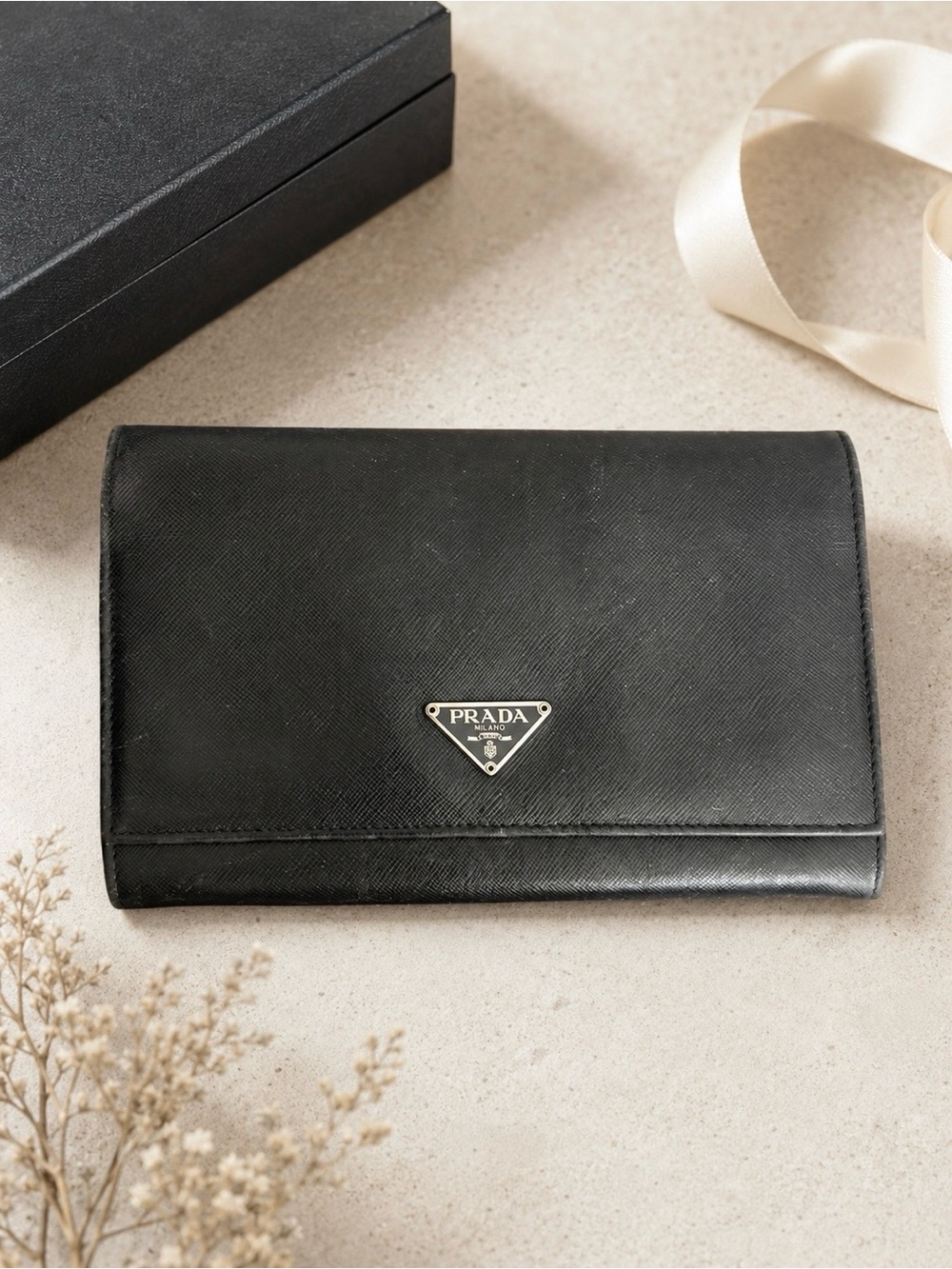 Authenticated Prada Black Saffiano Leather Continental Long Wallet 7”